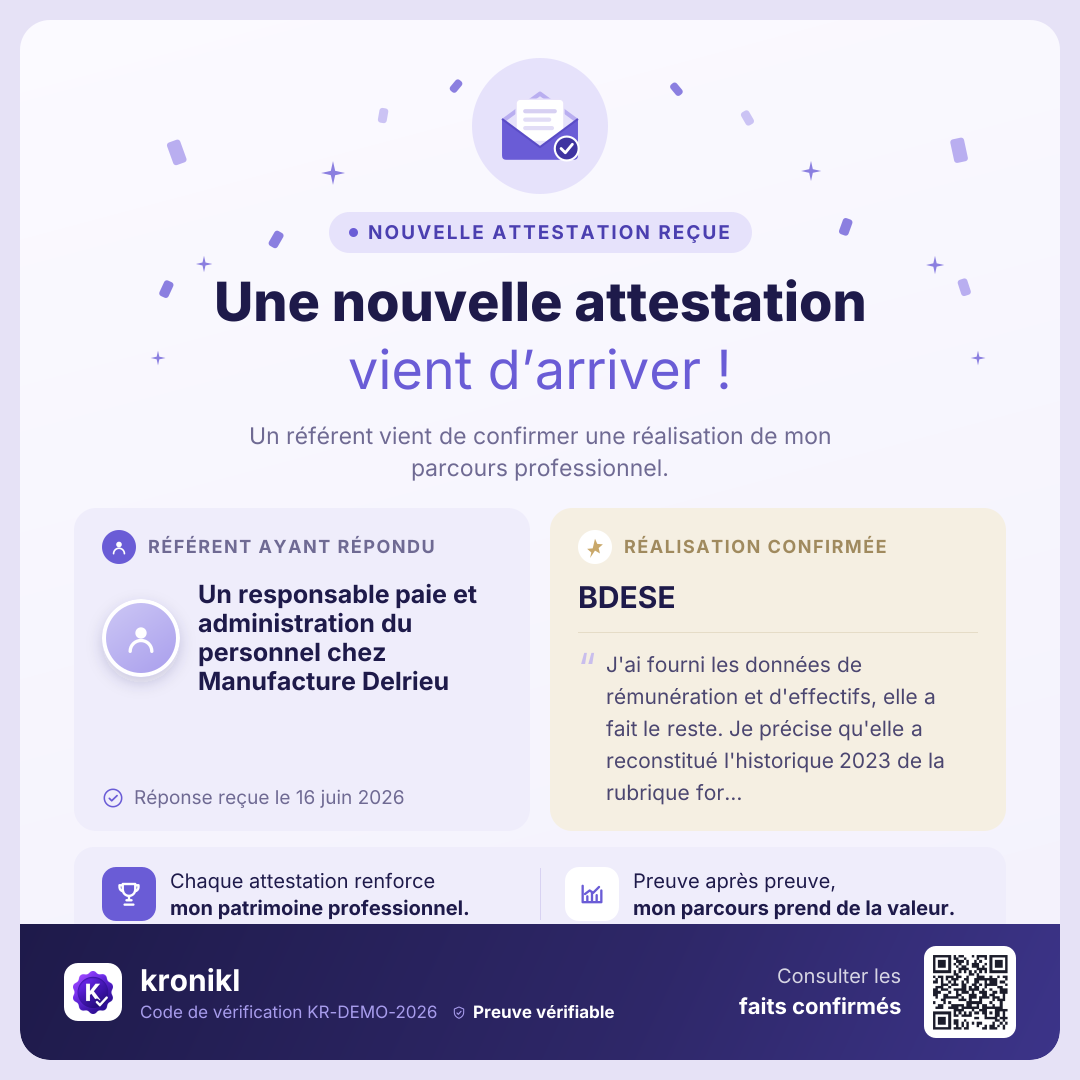 Carte « Nouvelle attestation reçue » : la réalisation BDESE vient d’être confirmée par un responsable paie chez Manufacture Delrieu.