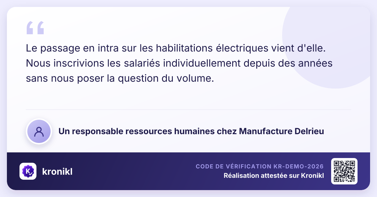 Carte « Ce qu’en dit mon référent » : citation d’un responsable ressources humaines chez Manufacture Delrieu, code de vérification KR-DEMO-2026.